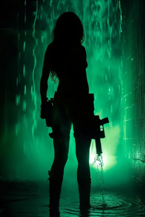 Villain Woman Silhouette With Luminescent Water Gun