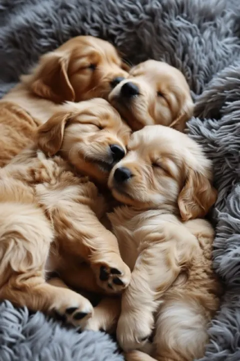 Fluffy Golden Retriever Puppies Snuggled Together