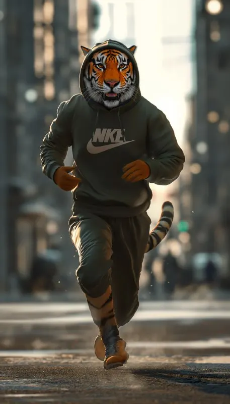 Humanoid Tiger in Nike Gym Wear Running Through the City