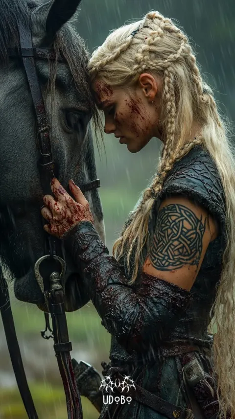 Viking Warrior Woman with Horse in Rain