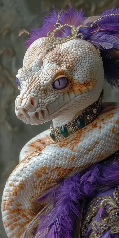 Anthropomorphic White and Gold Python in Feathered Jacket