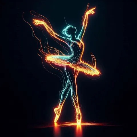 Neon Flame Silhouette of Ballet Dancer Mid-Twirl