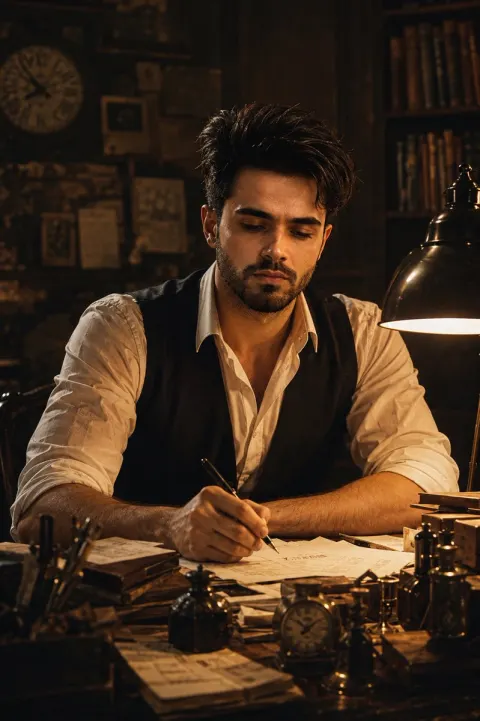 Vintage Writer Portrait In Dim Study