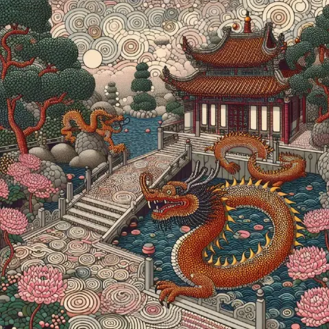 Pointillism Oriental Courtyard With Chinese Dragon Motifs