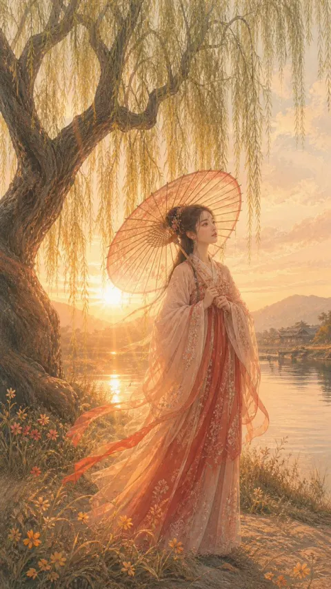 Sunset Hanfu Lady by Lake