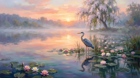 Misty Sunrise Heron Lily Pond