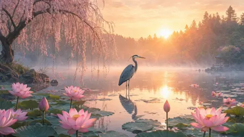 Serene Lotus Pond Heron Sunrise
