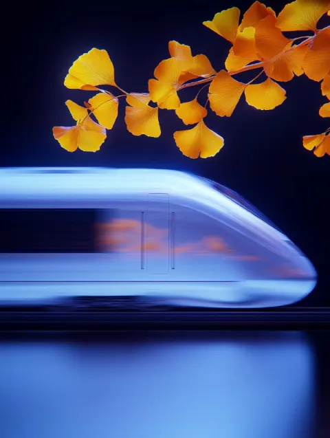 High-Speed Train Covered in Autumn Leaves