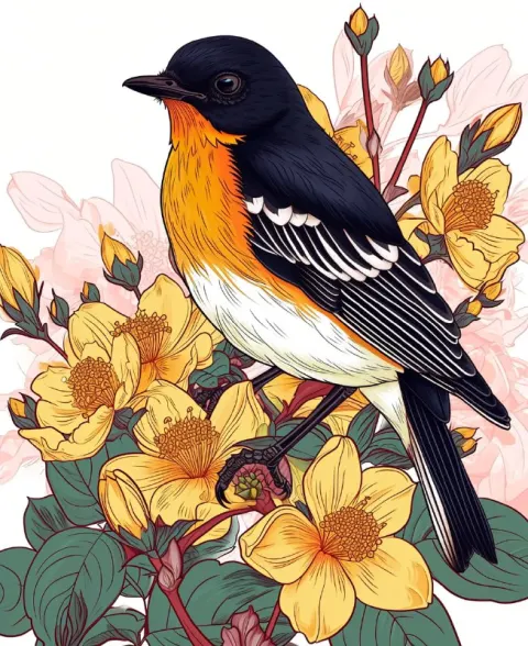 Ghibli Narcissus Flycatcher Floral Coloring Book Page