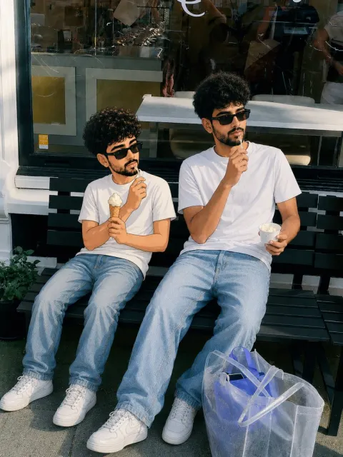 Realistic and Cartoon Twin at Café Golden Hour