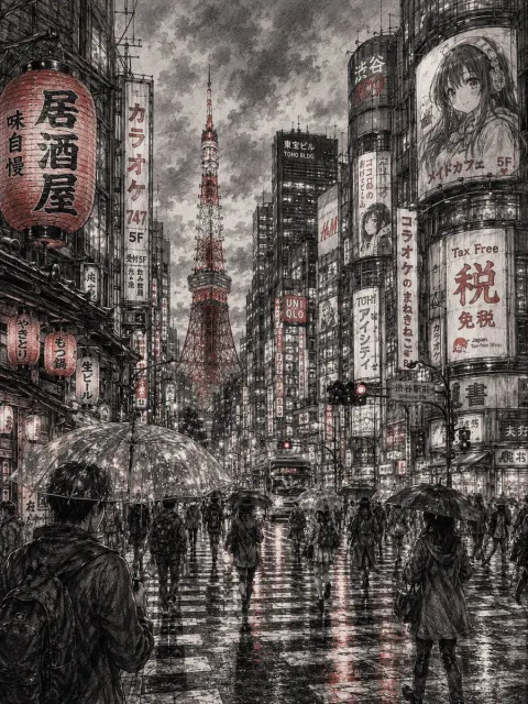 Dual City Pencil Sketches: Tokyo & Beijing