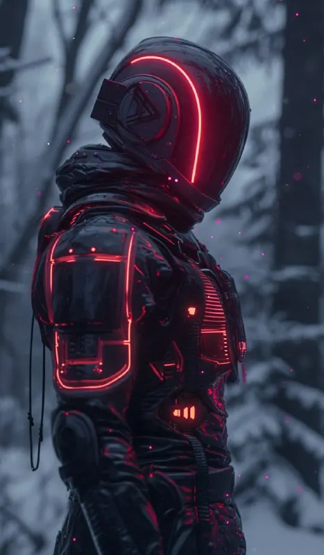 Cyberpunk Knight With Neon Accents in Winter Scene