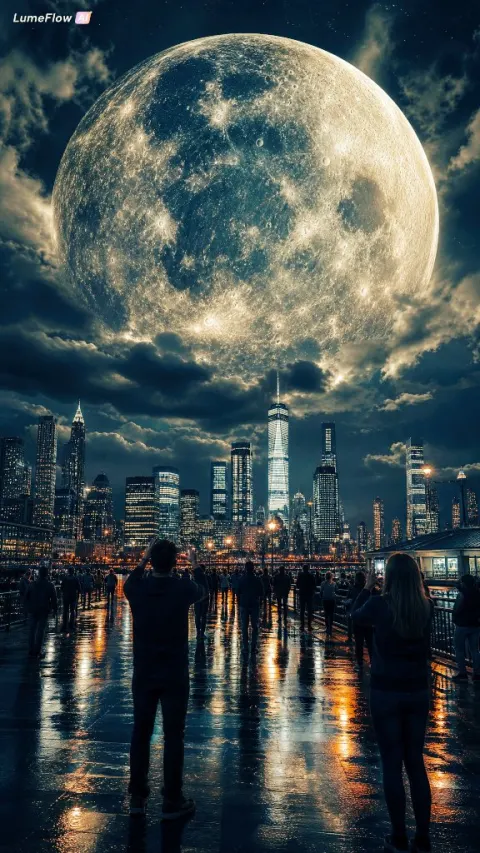 Giant Glowing Moon Over Futuristic City