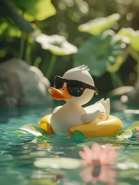 Cute 3D Clay Duck in Sunglasses Floating in Summer Pool