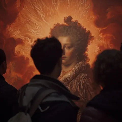 Museum Visitors Viewing Giant Baroque Portrait Close-Up