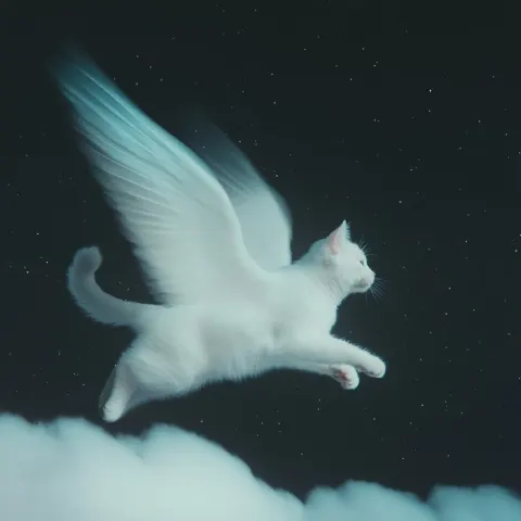 White Cat with Angel Wings in Flight
