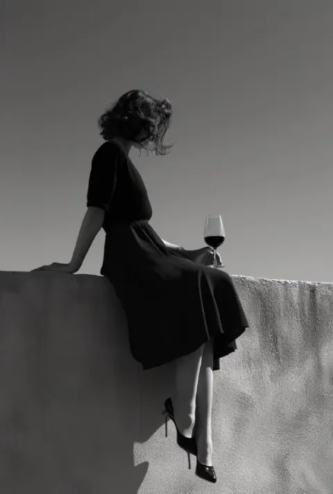 Woman on a Wall With Wine in Black and White Glass Art