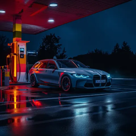 Gray BMW M3 Touring Parked at Polish Fuel Station at Night