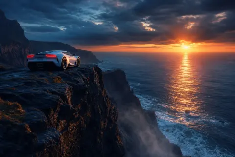 Sports Car Sunset Cliff Edge