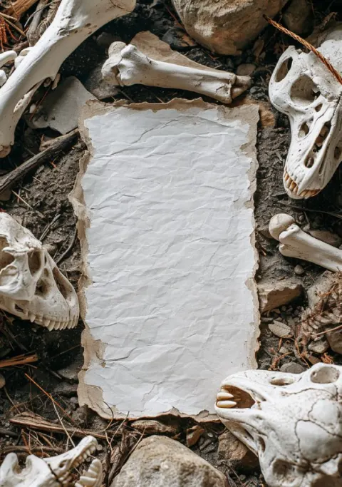 Blank Paper Strips Scattered Among White Dinosaur Bones