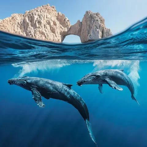 Two Whales Playing Underwater Near the Los Cabos Arch