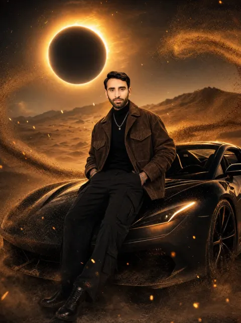 Stylish Man on Car During Eclipse