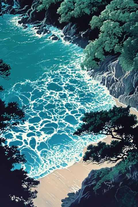 Shigeo Fukuda Style Japanese Beach Landscape With Foam