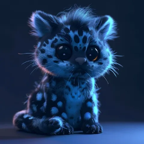 Kawaii Obsidian and Azure Furred Creature in 3D Pixar Style
