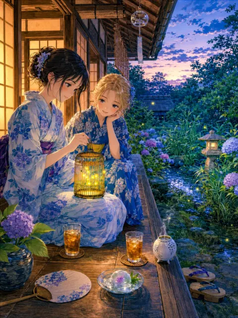 Girl Watching Fireflies on Summer Veranda