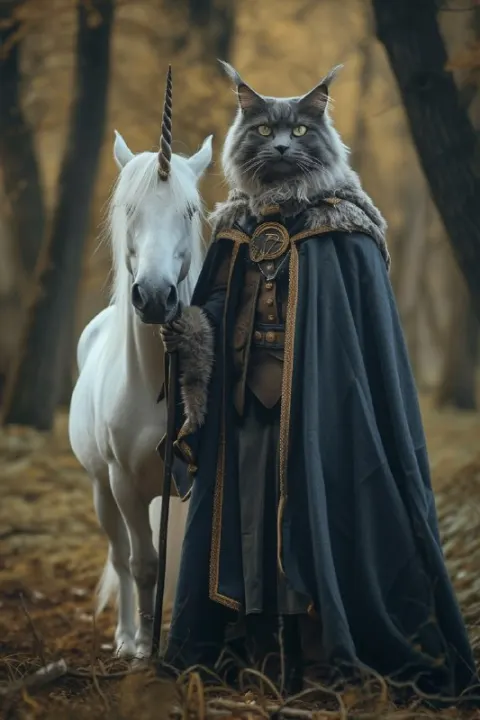 Maine Coon Cat in Ravenclaw Robes With Forest Unicorn