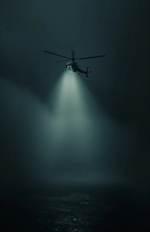 Helicopter Spotlight Over Brutalist Concrete at Night
