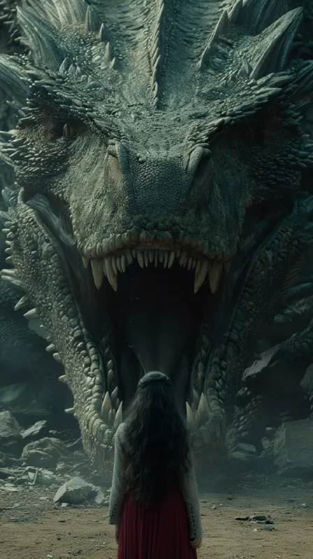 Tiny Long-Haired Woman Facing a Dragon's Open Jaws