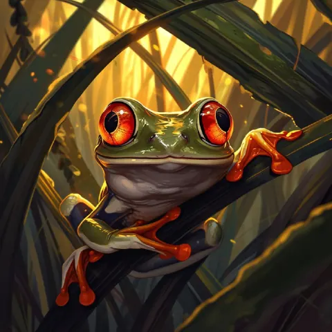 Friendly Red-Eyed Frog Hiding Behind Jungle Leaves