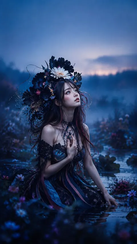 Gothic Flower Crown Maiden in Twilight Marsh