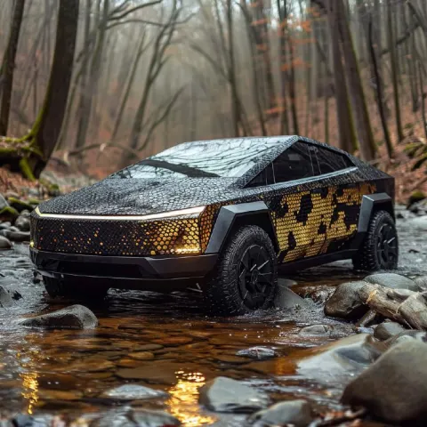 Snake Skin Tesla Cybertruck Emerging From a River