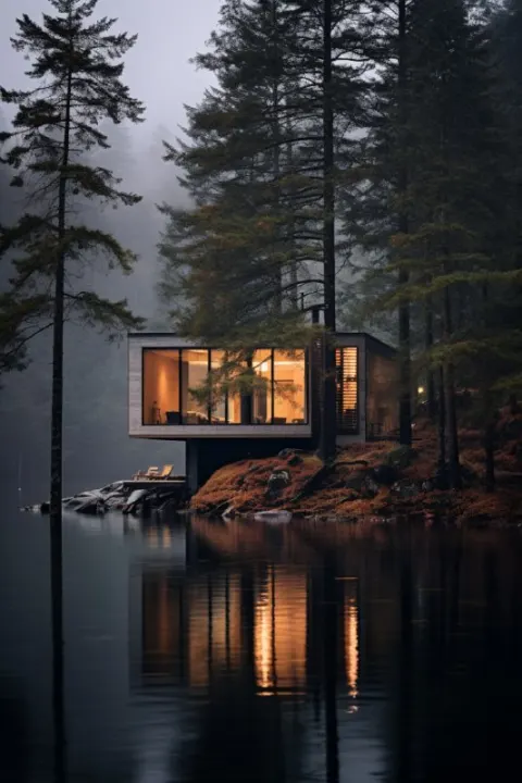 Moody Lakeside Cabin Exterior From a High Angle