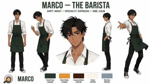 Anime Barista Character Reference Sheet