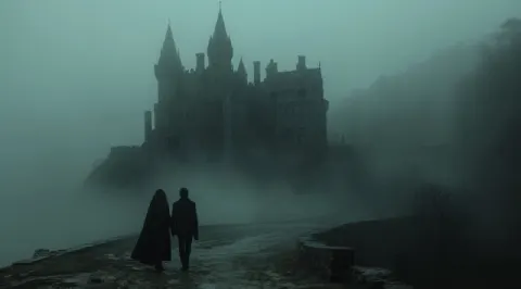 Two Figures by a Misty Castle in Dark Academia Horror Style
