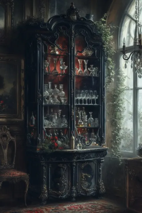 Gothic Cabinet of Goblets in Foggy Mirror Room