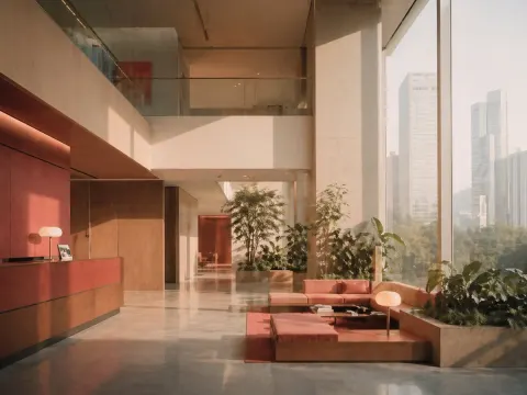 Luxurious Modern Lobby Bathed In Warm Sunlight