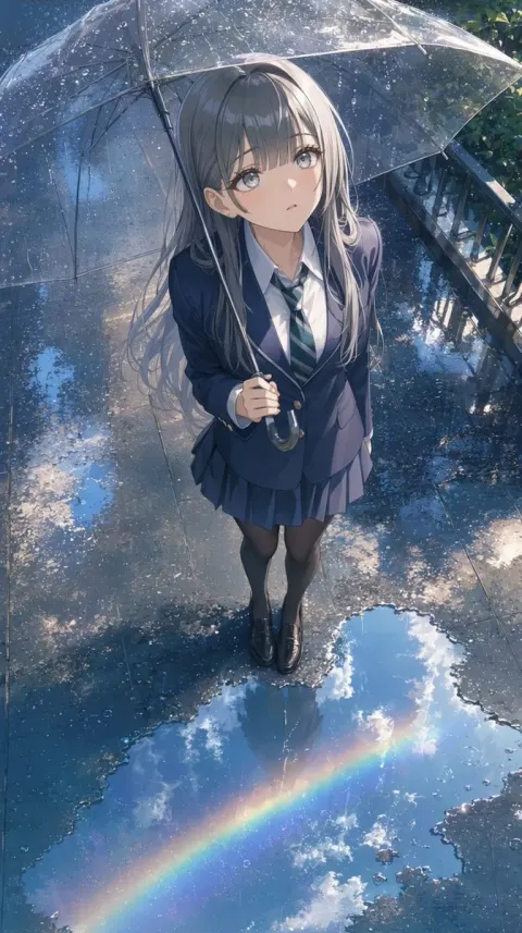 Faceless Schoolgirl Standing Alone in Rain
