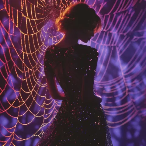 Sparkling Black Dress Woman Against Glowing Spider Web
