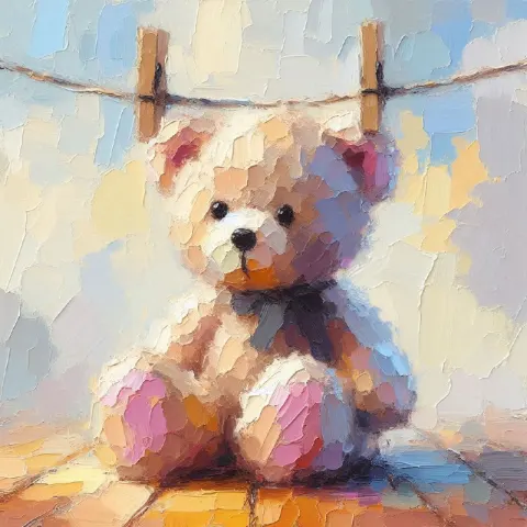 Impasto Teddy Bear Pegged to a Clothesline in Pastels