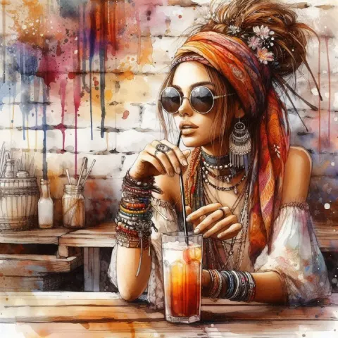 Mixed Media Hippie Woman With Sunglasses at Wooden Table