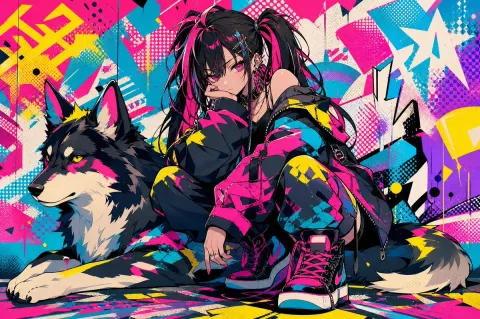 Cyberpunk Girl & Wolf Dog
