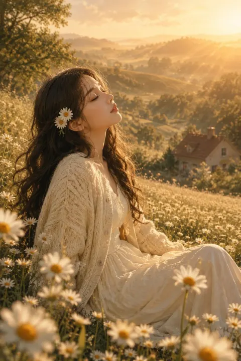 Serene Golden Hour Daisies Portrait