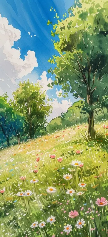 Pastel Ghibli Watercolor Meadow Landscape