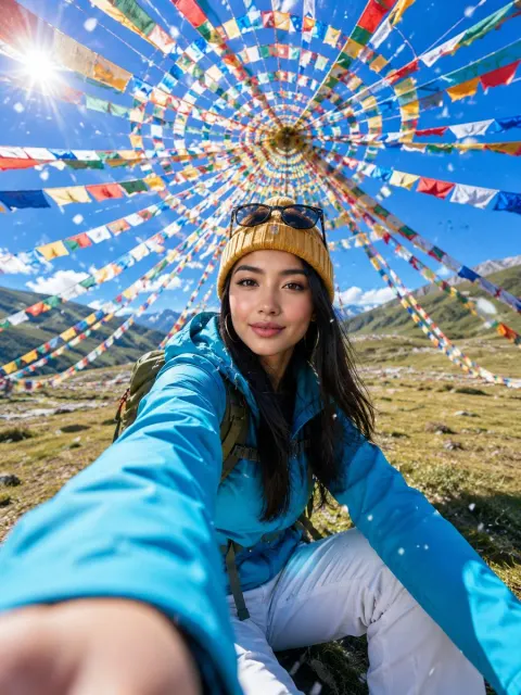 Alpine Prayer Flag Travel Selfie Portrait