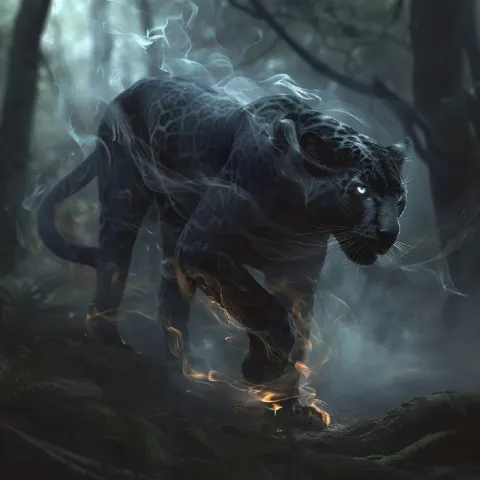 Smoke-Bodied Panther With Ember Eyes Stalking the Forest