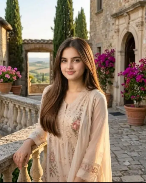 Elegant Woman at European Villa Terrace